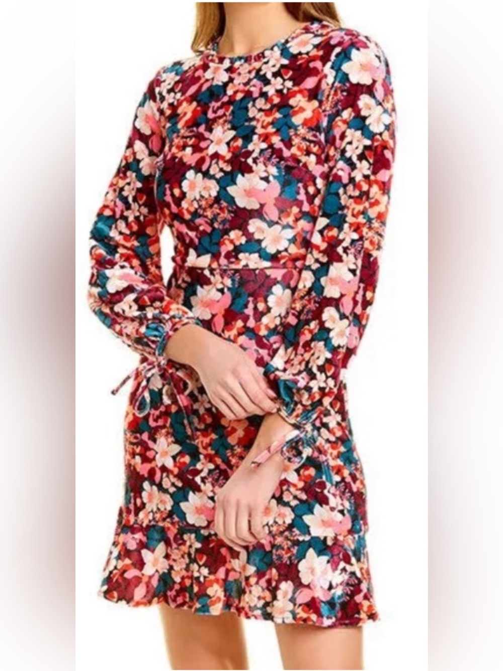 BCBGeneration Floral Long-Sleeve Burgundy Pink Teal Dress size 12